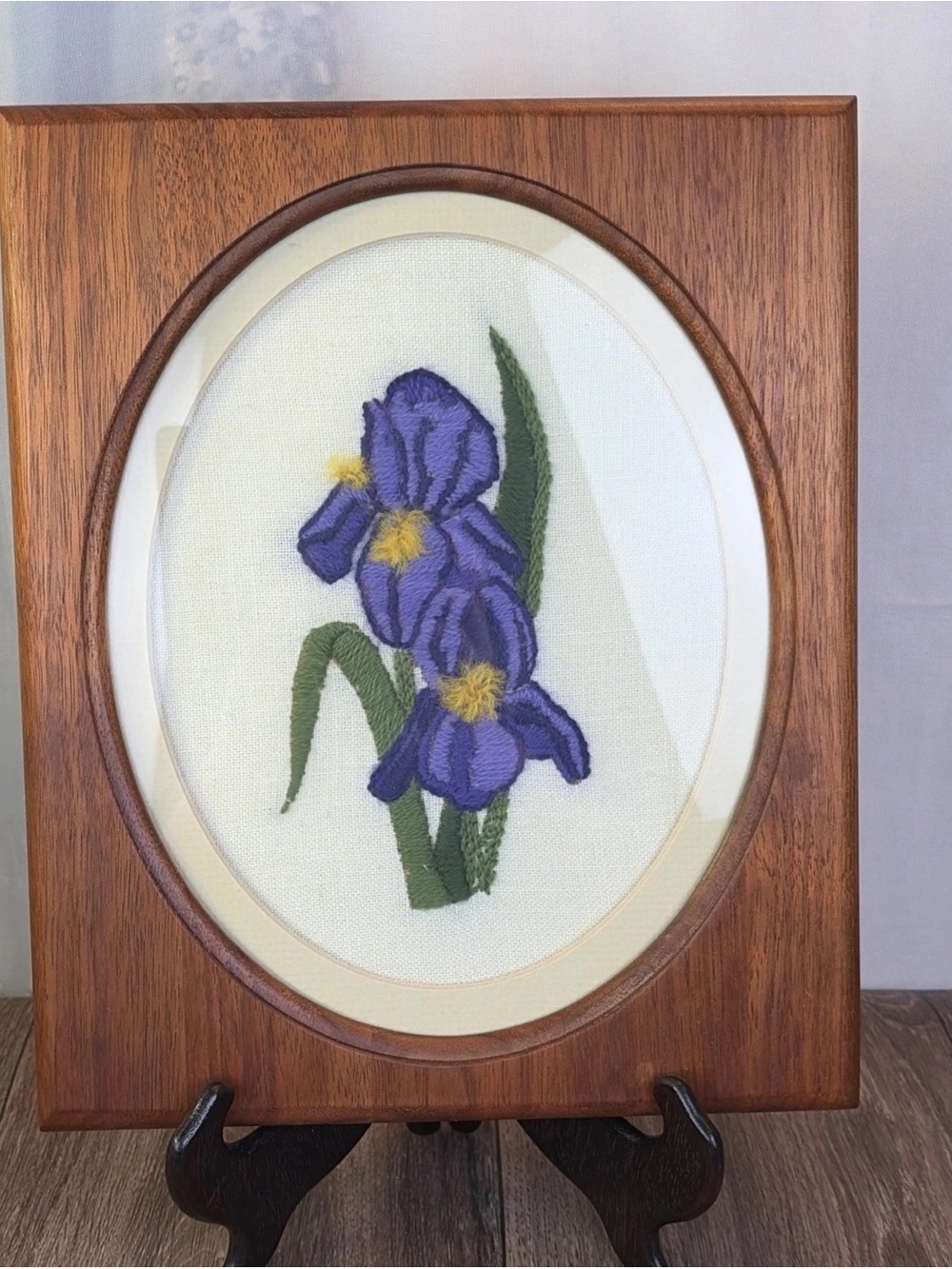 VTG Handmade Needlepoint Vibrant Purple Iris Flower Wood Frame Cottage Core